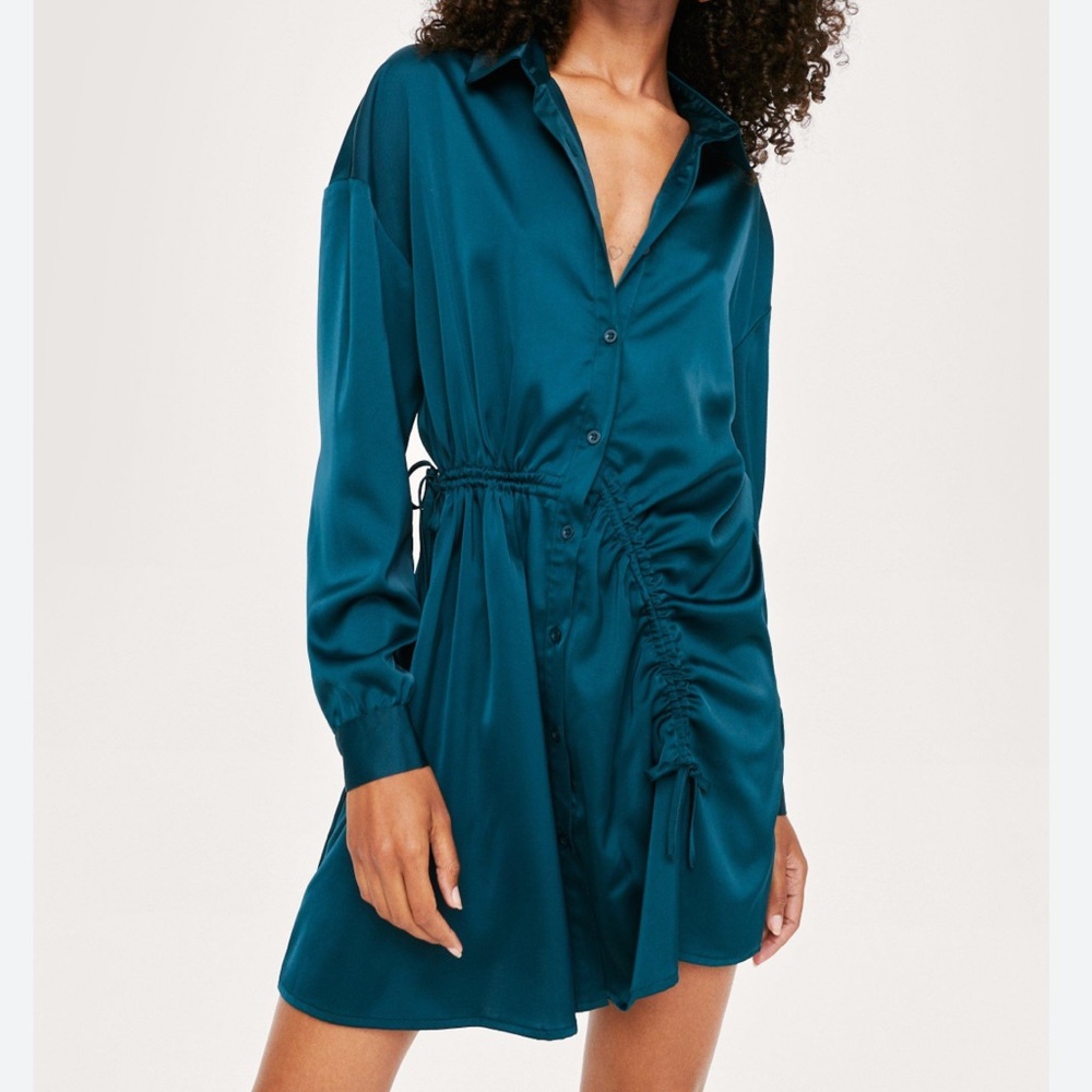 Nasty Gal satin ruched front mini shirt dress